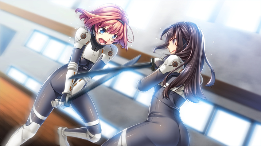 2girls angry ass black_eyes black_hair blue_eyes bodysuit fighting game_cg gun_knight_girl highres kazamatsuri_shino legs long_hair multiple_girls munakata_mashiro open_mouth red_hair short_hair standing sumeragi_kohaku sunlight sweat sword thighs weapon