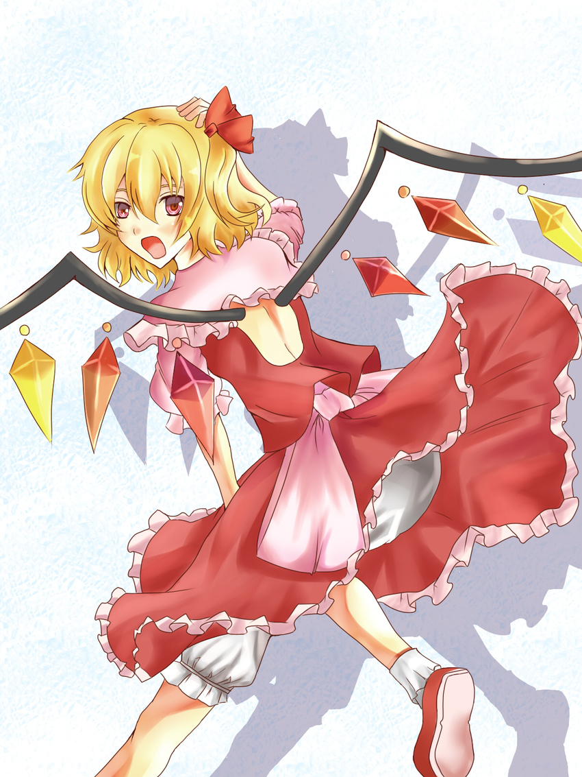 adapted_costume backless_outfit bad_id bad_pixiv_id blonde_hair bloomers blue_background bobby_socks capelet flandre_scarlet hair_ribbon hand_on_own_head highres munkunosakebi no_hat no_headwear open_mouth red_eyes ribbon running sash shadow short_hair side_ponytail skirt skirt_hold skirt_set socks solo touhou underwear wind wind_lift wings