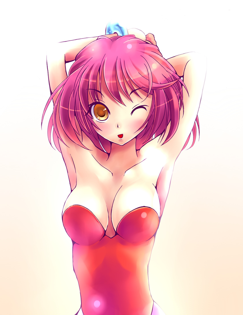 armpits arms_up breasts brown_eyes collarbone highres leotard medium_breasts one_eye_closed pink_hair quinty quinty_(character) red_leotard short_hair smile solo white_background x.x