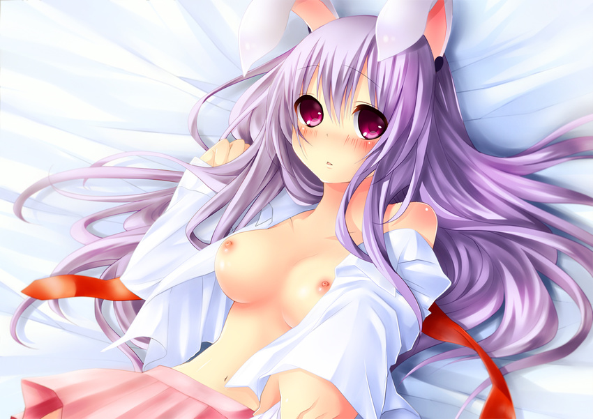 animal_ears bed blush breasts bunny_ears collarbone long_hair looking_at_viewer lying medium_breasts navel necktie nipples open_clothes open_mouth open_shirt pleated_skirt purple_hair red_eyes reisen_udongein_inaba sakurako_(moutan) shirt skirt solo touhou