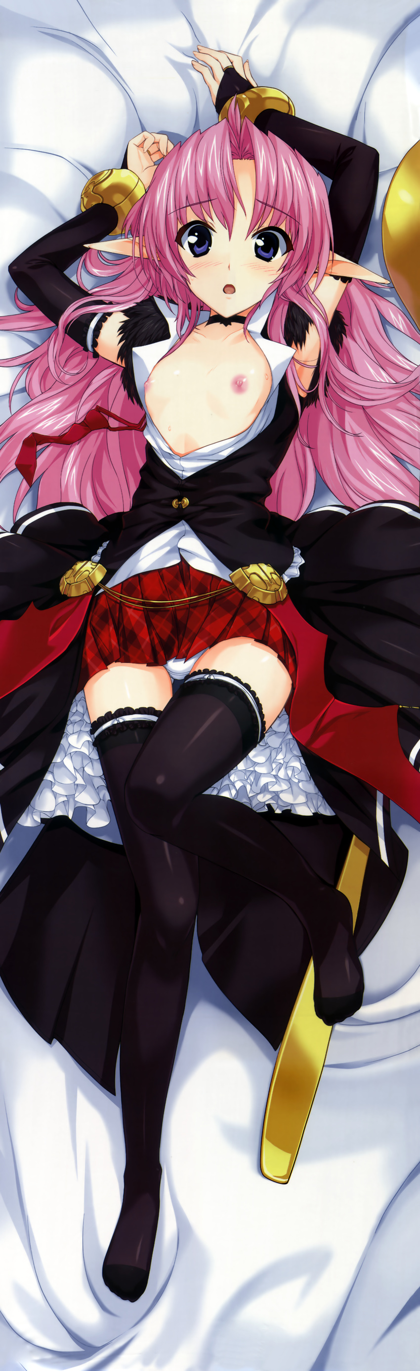 1girl absurdres blush dakimakura fixed full_body highres long_image looking_at_viewer lying nipples on_back pink_hair pink_hear pointy_ears solo tall_image thighhighs
