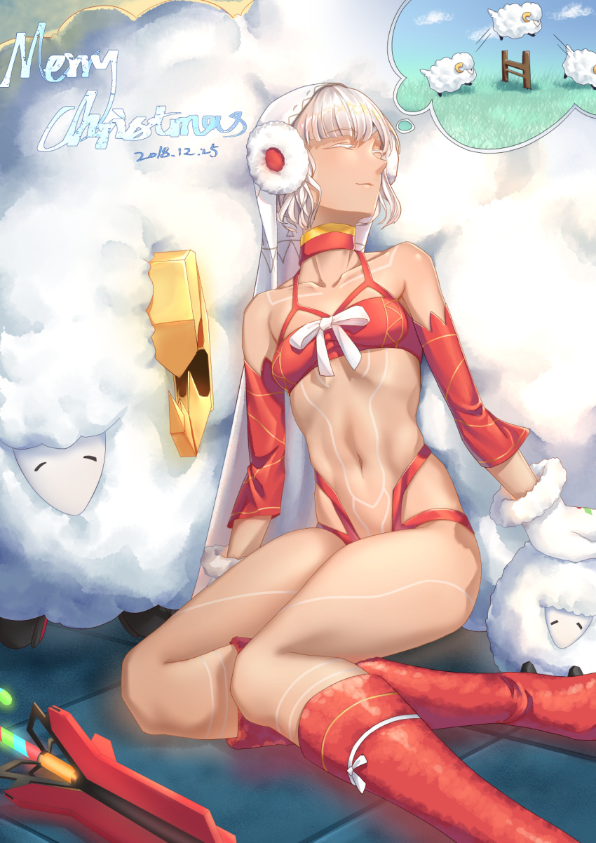 1girl airysher altera_(fate) altera_the_santa bare_shoulders boots commentary_request counting_sheep dark_skin dated detached_sleeves dreaming earmuffs eyebrows_visible_through_hair eyes_closed fate/grand_order fate_(series) highres knee_boots merry_christmas mittens navel red_footwear sheep short_hair sleeping smile solo stomach veil white_hair