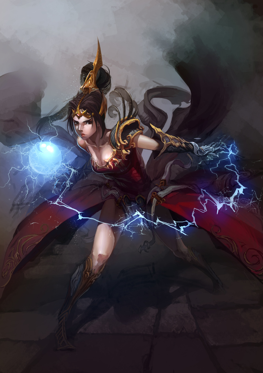 absurdres armor bad_id bad_pixiv_id black_hair breasts cape diablo diablo_3 gauntlets highres li_chunfu lightning long_hair medium_breasts orb ponytail solo wizard_(diablo_3)