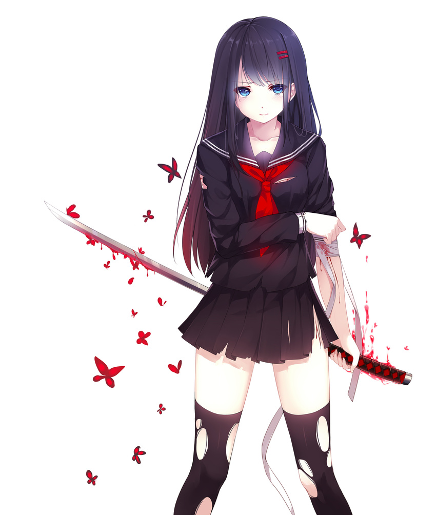 absurdres black_hair black_legwear black_serafuku blood blue_eyes bug butterfly caidychen hair_ornament hairclip highres insect katana long_hair looking_at_viewer original pleated_skirt school_uniform serafuku simple_background skirt solo sword thighhighs torn_clothes torn_legwear weapon white_background