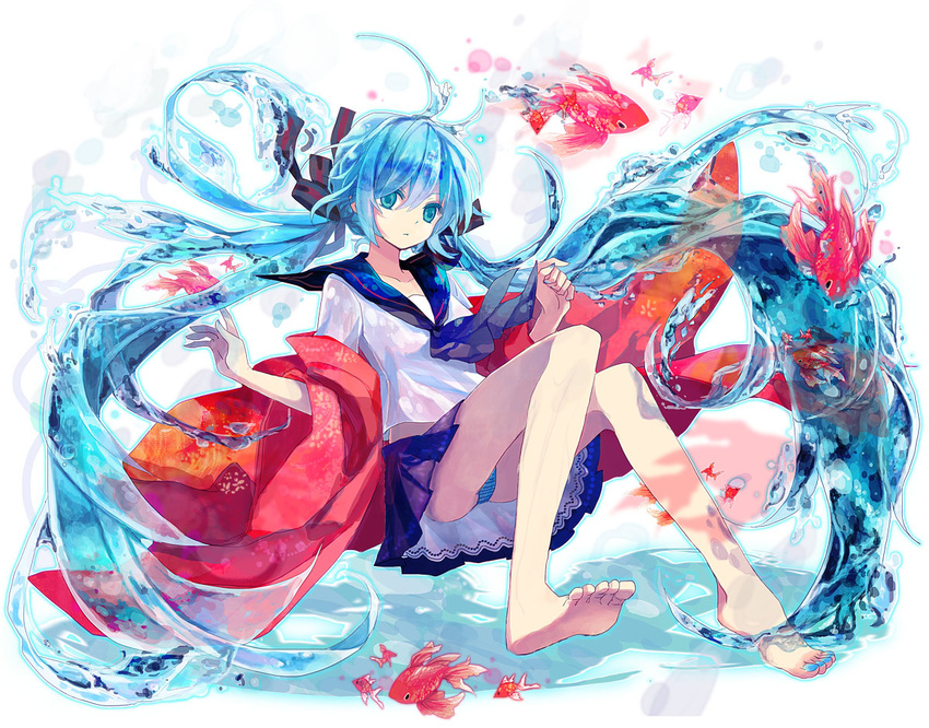 aqua_eyes aqua_hair barefoot bottle_miku error fish hair_ribbon hatsune_miku liquid_hair long_hair md5_mismatch panties ribbon school_uniform serafuku sitting skirt solo striped striped_panties t_miyanagi twintails underwear very_long_hair vocaloid