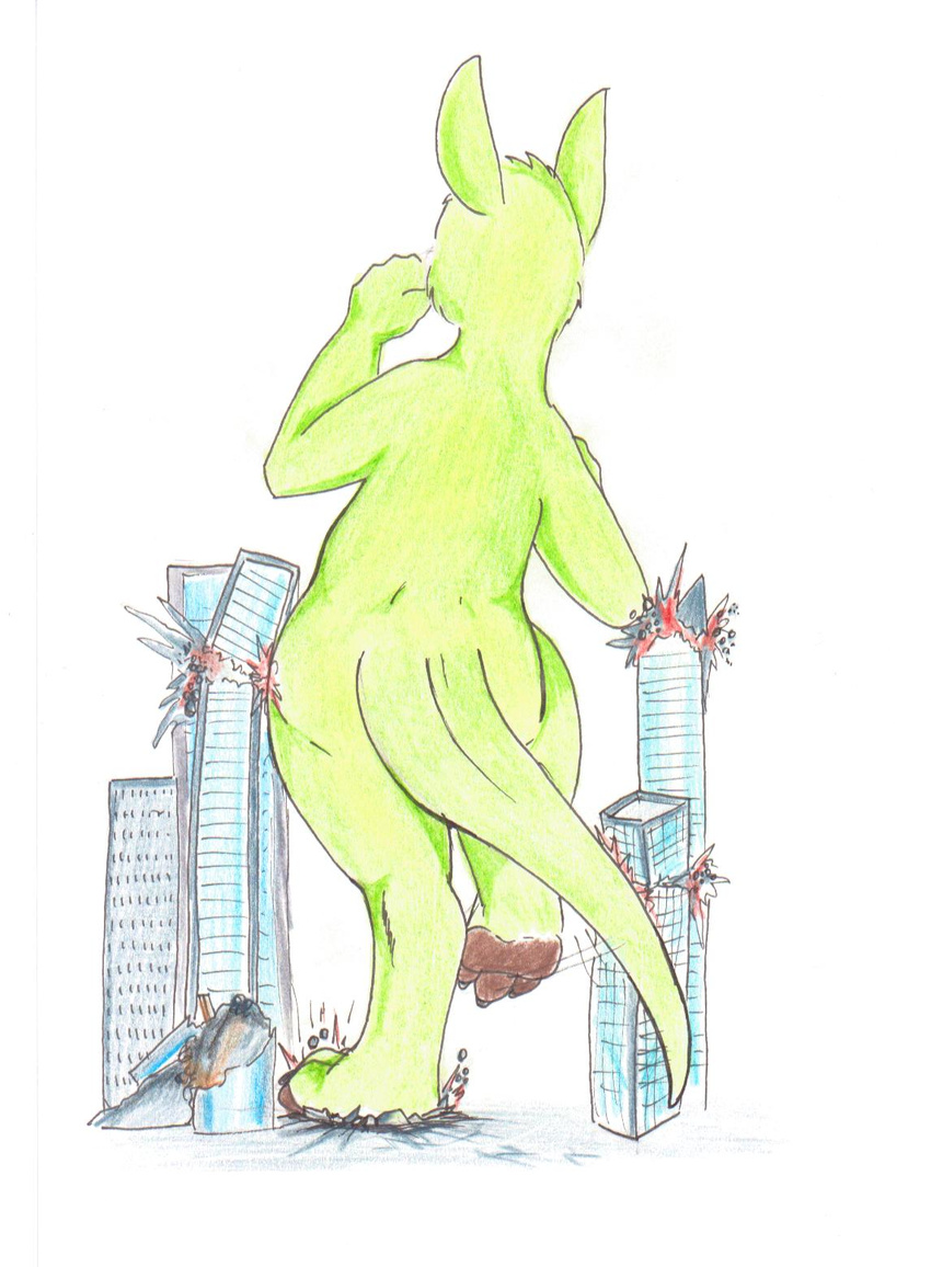 back_turned building destruction duncan dylan_(artist) explosion fur green_fur hi_res hindpaw kangaroo macro male mammal marsupial paws plain_background skyscraper solo standing unknown_artist white_background