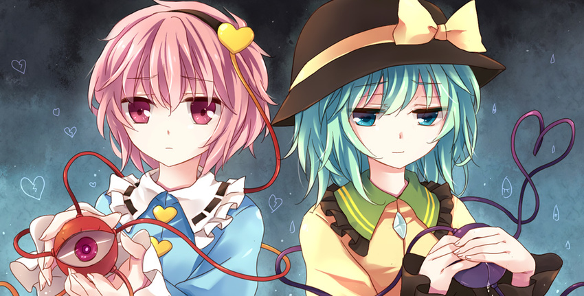 aqua_eyes aqua_hair broken_heart covering_eyes eyeball hairband hat heart heart-shaped_pupils heart_of_string komeiji_koishi komeiji_satori lilith_(lilithchan) multiple_girls pink_eyes pink_hair short_hair siblings sisters smile symbol-shaped_pupils third_eye touhou upper_body