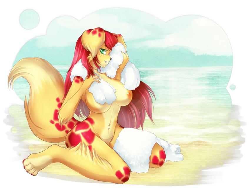 beach black_nose breasts canine cloud dog female fur green_eyes hair hindpaw kkmck kneeling long_hair mammal navel nipples nude outside paws red_fur red_hair sand seaside sky smile solo spots thighs towel water yellow_fur