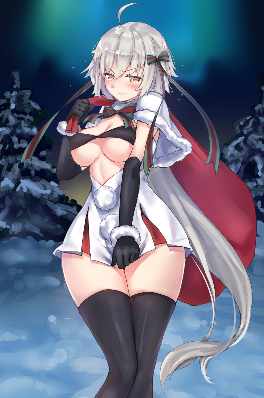 1girl absurdres ahoge black_bikini_top black_gloves black_legwear blurry blush bow breasts capelet commentary_request cosplay depth_of_field dress dress_tug elbow_gloves embarrassed eyebrows_visible_through_hair fate/grand_order fate_(series) fur-trimmed_capelet fur_trim gloves green_bow green_ribbon headpiece highres jeanne_d'arc_(alter)_(fate) jeanne_d'arc_(fate)_(all) jeanne_d'arc_alter_santa_lily jeanne_d'arc_alter_santa_lily_(cosplay) knees_together_feet_apart large_breasts looking_at_viewer miramu_(ramu450471) ribbon short_dress silver_hair solo standing striped striped_bow striped_ribbon tears thighhighs thighs tsurime white_capelet yellow_eyes