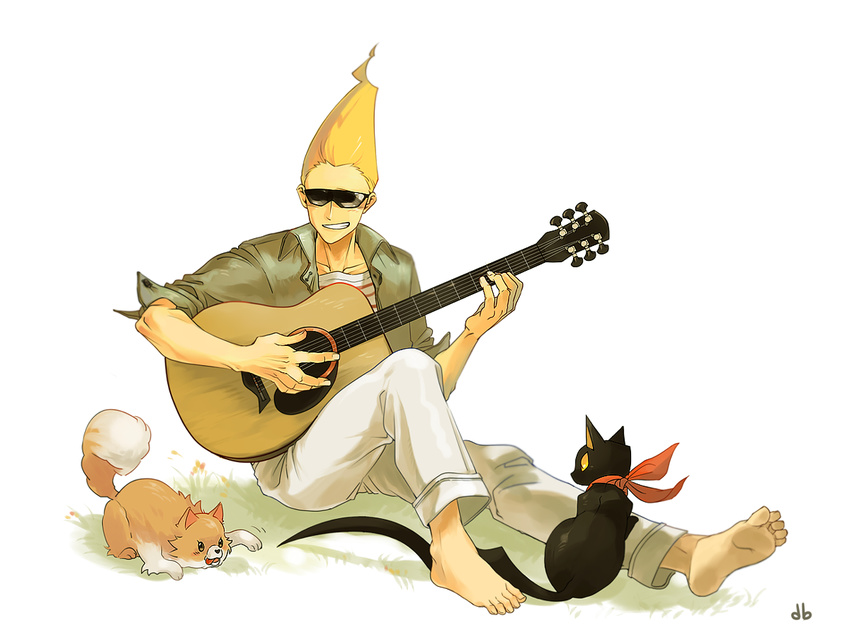 alternate_costume barefoot big_hair black_cat blonde_hair casual cat cat_(ghost_trick) collarbone dog dusrhkqh ghost_trick grass grin looking_back missile_(ghost_trick) pointy_hair pomeranian_(dog) scarf shirt signature sissel sleeves_rolled_up smile striped striped_shirt sunglasses tongue