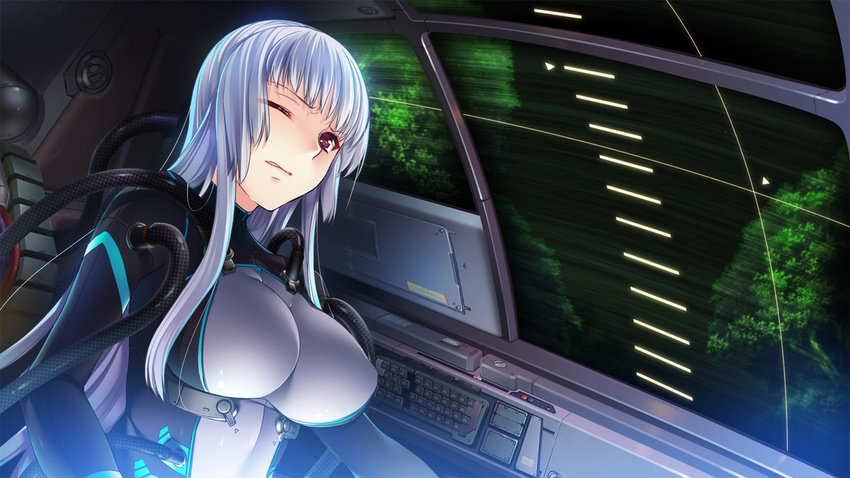 1girl android blue_hair bodysuit breasts cable game_cg gun_knight_girl highres large_breasts long_hair looking_at_viewer red_eyes science_fiction sitting solo sumeragi_kohaku takato_sayako tree trees wince wink