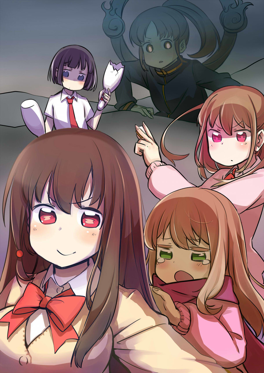 achiga_school_uniform atarashi_ako black_hair blue_eyes blush bowling_pin brown_hair cardigan green_eyes highres jacket long_hair mahjong mahjong_tile matsumi_kuro matsumi_yuu mountain multiple_girls necktie open_mouth ponytail red_eyes ribbon ritsu_(roboroboro) sagimori_arata saki saki_achiga-hen scarf school_uniform shaded_face short_hair smile takakamo_shizuno tears track_jacket