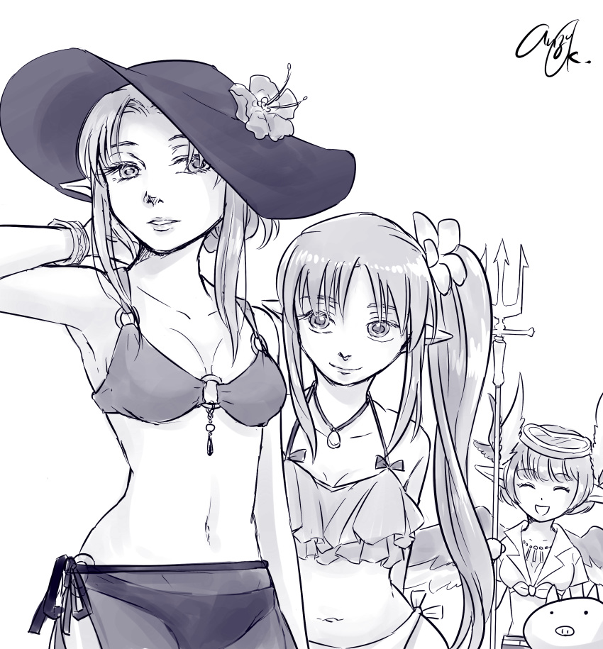 3girls :d absurdres alternate_costume alternate_hairstyle breasts caster caster_lily circe_(fate/grand_order) collarbone eyes_closed fate/grand_order fate_(series) flower hair_flower hair_ornament hair_up hand_behind_head hat hat_flower head_wings highres jewelry long_hair looking_at_viewer monochrome multiple_girls navel necklace o-ring o-ring_bikini o-ring_bottom o-ring_top open_mouth pig pointy_ears sanctuary-of-apricot sarong shirt short_hair side_ponytail singature small_breasts smile tied_shirt wings