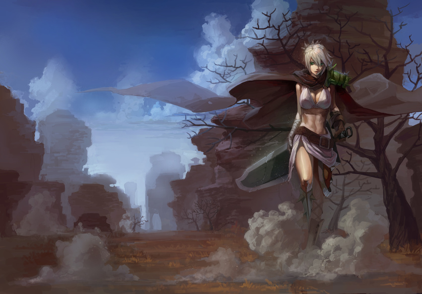 bad_id bad_pixiv_id breasts desert folded_ponytail food highres large_breasts league_of_legends li_chunfu mountain riven_(league_of_legends) short_hair solo standing sword tree weapon white_hair