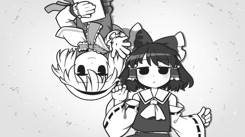 alice_margatroid ascot bow capelet detached_sleeves dress from_above greyscale hair_bow hairband hakurei_reimu lying monochrome multiple_girls on_back short_hair touhou ume_(noraneko) wide_sleeves