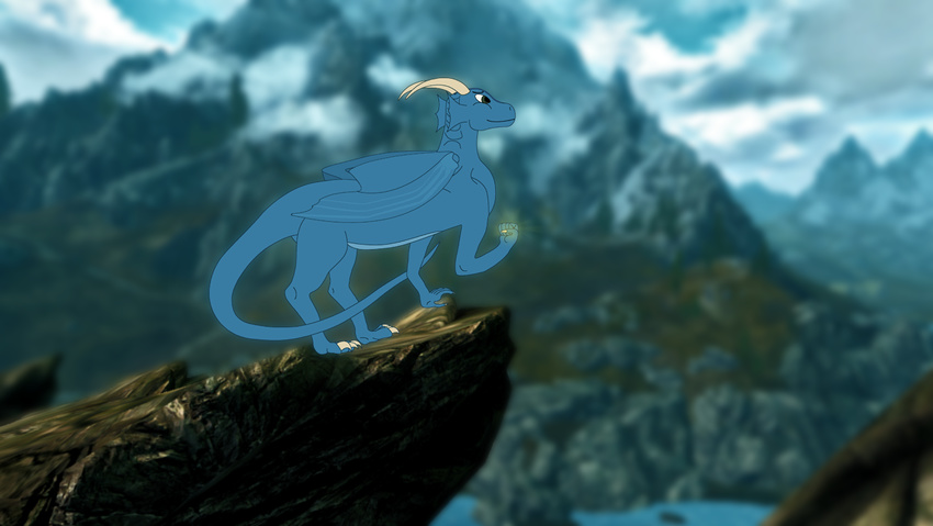 blur brown_eyes cartoon cloud clouds dof dragon feral game_background horn invalid_background invalid_color krenol lake long_tail mountain noob_art original_character restoration rock simple source_request the_elder_scrolls_v:_skyrim vectorized wings