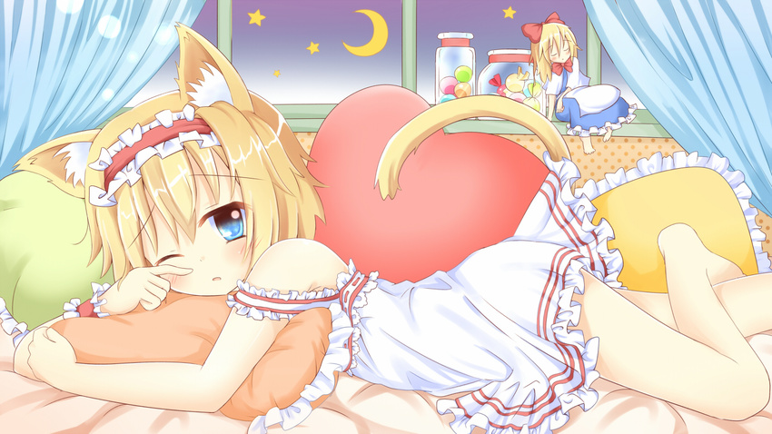 alice_margatroid animal_ears bed blonde_hair blue_eyes cat_ears cat_tail crescent_moon curtains doll frilled_pillow frills hairband jar kemonomimi_mode moon one_eye_closed pillow shanghai_doll short_hair tail touhou umi_suzume waking_up