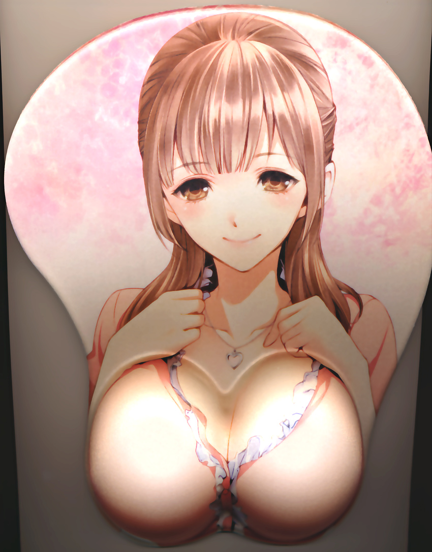 absurdres breast_hold breast_mousepad breasts brown_eyes brown_hair cleavage highres kiyohara_hiro large_breasts mousepad murase_chika scan solo tokushu_houdoubu