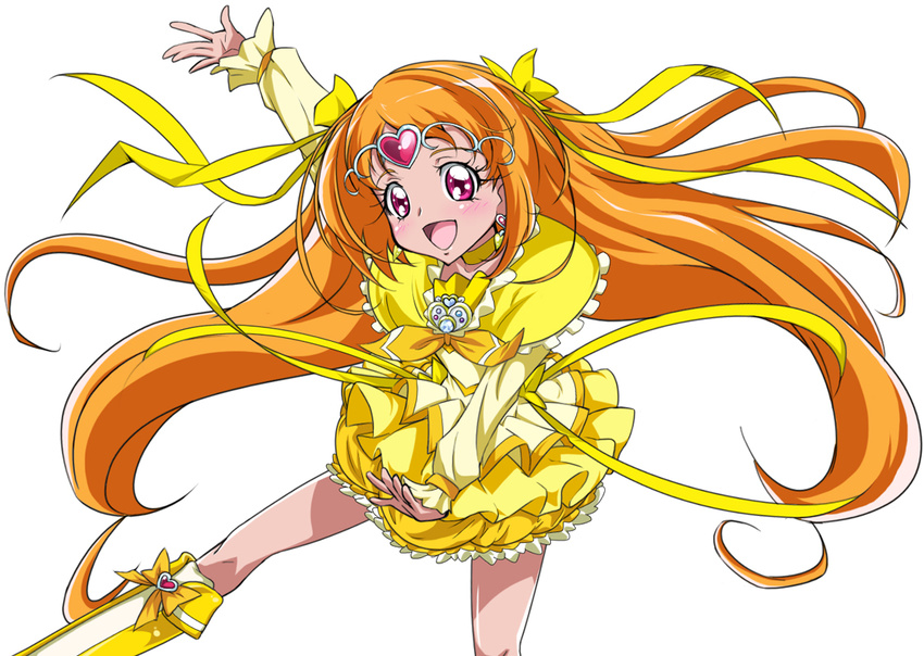 arm_up blush boots bow bubble_skirt choker circlet cure_muse_(yellow) earrings frills happy heart jewelry knee_boots long_hair magical_girl orange_hair pink_eyes precure shirabe_ako sinko_(sinsin) skirt solo suite_precure white_background yellow_bow yellow_choker yellow_skirt