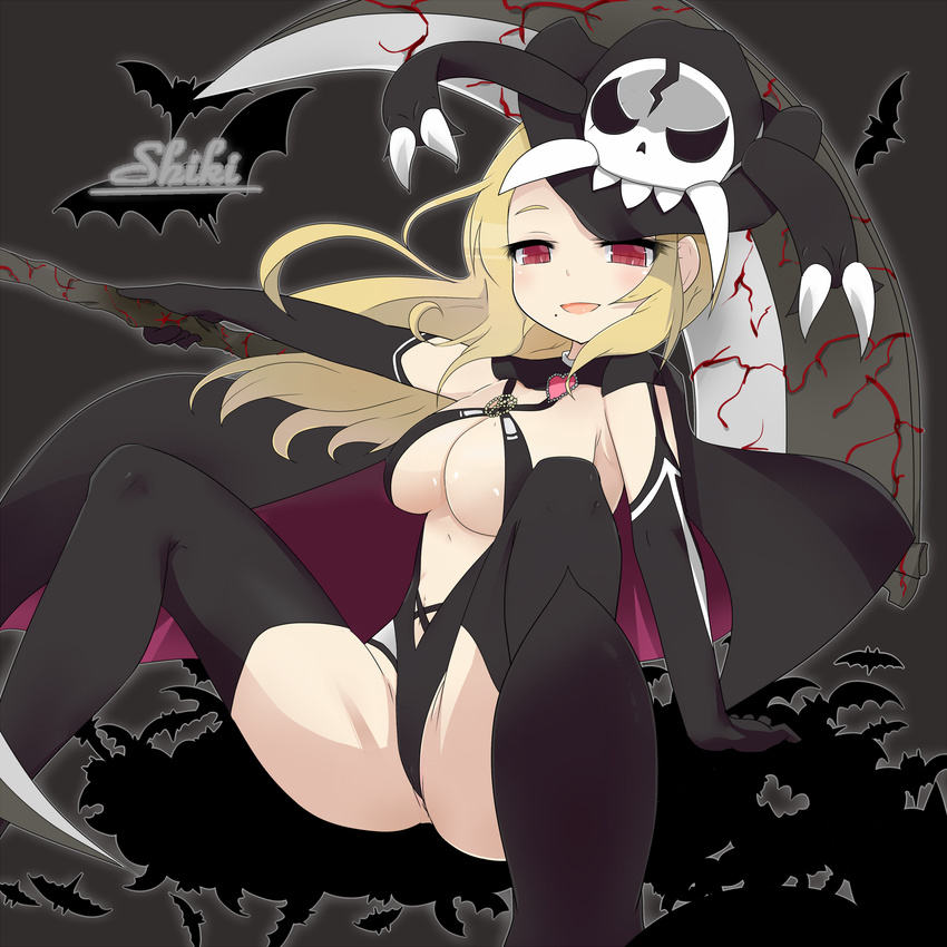 1girl bat black_cape blonde_hair boots breasts cape cleavage hat heart highres large_breasts mole open_mouth ra_i red_eyes scythe senran_kagura senran_kagura_(series) senran_kagura_shinovi_versus shiki_(senran_kagura) sitting thigh_boots thighhighs weapon witch_hat