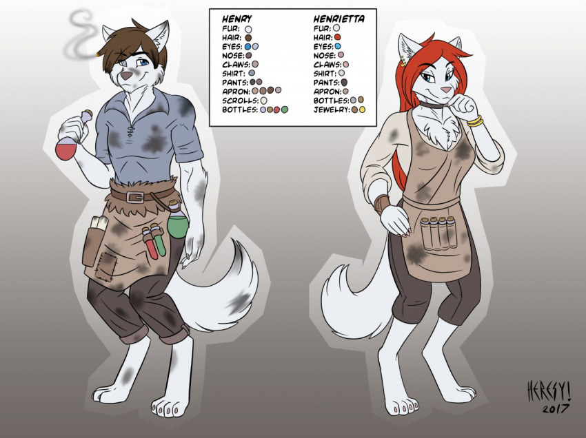 2017 4_toes 5_fingers anthro arctic_wolf biped bracelet breasts canine chest_tuft claws clothed clothing collar digitigrade duo eyebrows fan_character female fully_clothed fur hair henery_(hunterx90) henrietta_(hunterx90) heresy_(artist) humanoid_hands jewelry keidran looking_at_viewer male mammal simple_background standing toe_claws toes tuft twokinds wolf
