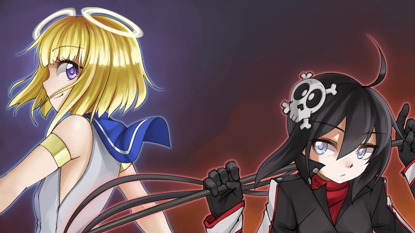 ahoge armlet black_gloves black_hair blonde_hair blue_eyes fearless_night frown gloves hair_ornament halo highres long_hair multiple_girls official_art over_shoulder pas_(paxiti) poco_muerte popped_collar promotional_art purple_eyes sailor_collar short_hair skull_hair_ornament smile split_ponytail uri_(fearless_night) very_long_hair wallpaper weapon weapon_over_shoulder
