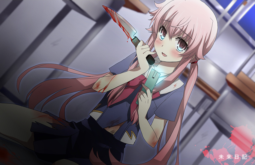 blood blush cellphone desk dutch_angle gasai_yuno knife kurot looking_at_viewer mirai_nikki phone pink_eyes pink_hair school_desk school_uniform serafuku squatting torn_clothes twintails window yandere