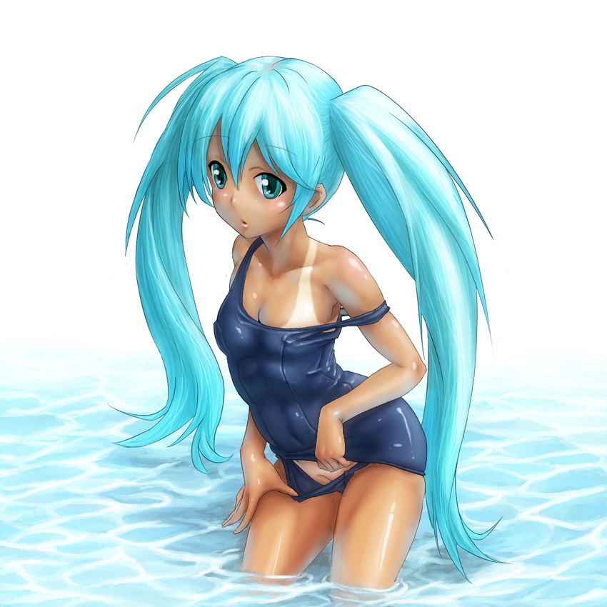 aqua_eyes aqua_hair breasts colorized covered_nipples hatsune_miku highres long_hair medium_breasts one-piece_swimsuit school_swimsuit school_swimsuit_flap shiny shiny_clothes solo spraywork strap_slip swimsuit tan tanline twintails very_long_hair vocaloid wading water