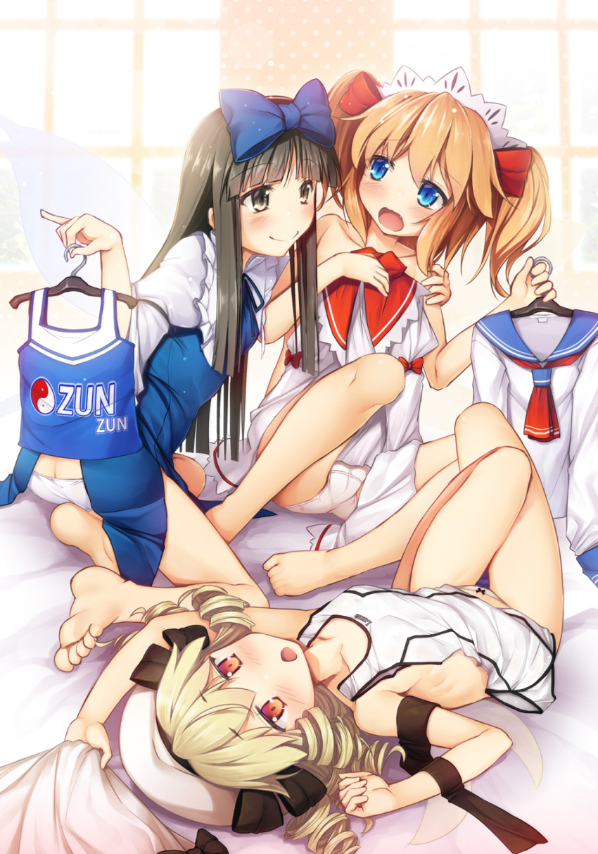 3girls :o bangs bare_legs barefoot bed_sheet black_bow black_eyes black_hair black_ribbon blonde_hair blue_bow blue_eyes blunt_bangs bow chestnut_mouth chima_q clothes_hanger clothes_in_front clothes_removed collarbone commentary_request drill_hair eyebrows_visible_through_hair fairy_wings fang feet hair_between_eyes hair_bow hair_ribbon hand_on_another's_shoulder hat headdress highres hime_cut holding_clothes juliet_sleeves long_sleeves looking_at_another looking_at_viewer luna_child lying medium_hair multiple_girls on_back one-piece_swimsuit panties pinky_out puffy_sleeves red_bow red_eyes red_ribbon ribbon school_uniform serafuku sheet_grab sitting smile star_sapphire sunny_milk swimsuit tank_top touhou twintails underwear white_panties white_swimsuit wings yin_yang
