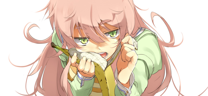 bad_id bad_pixiv_id banana eyebrows food fruit green_eyes jinrui_wa_suitai_shimashita long_hair messy_hair nishimuku_meri open_mouth pink_hair sexually_suggestive simple_background solo watashi_(jintai)