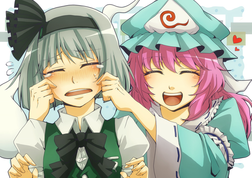 blush cheek_pull closed_eyes flying_sweatdrops hair_ribbon hairband hat heart hitodama japanese_clothes konpaku_youmu konpaku_youmu_(ghost) multiple_girls nitoni open_mouth pink_hair ribbon saigyouji_yuyuko short_hair short_sleeves silver_hair smile tears touhou triangular_headpiece vest wide_sleeves