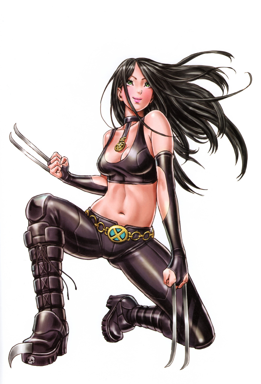 1girl absurdres black_hair boots breasts buckle choker claws full_body green_eyes highres laura_kinney lingerie marvel navel pants underwear x-23 x-men yamashita_shun'ya yamashita_shun'ya