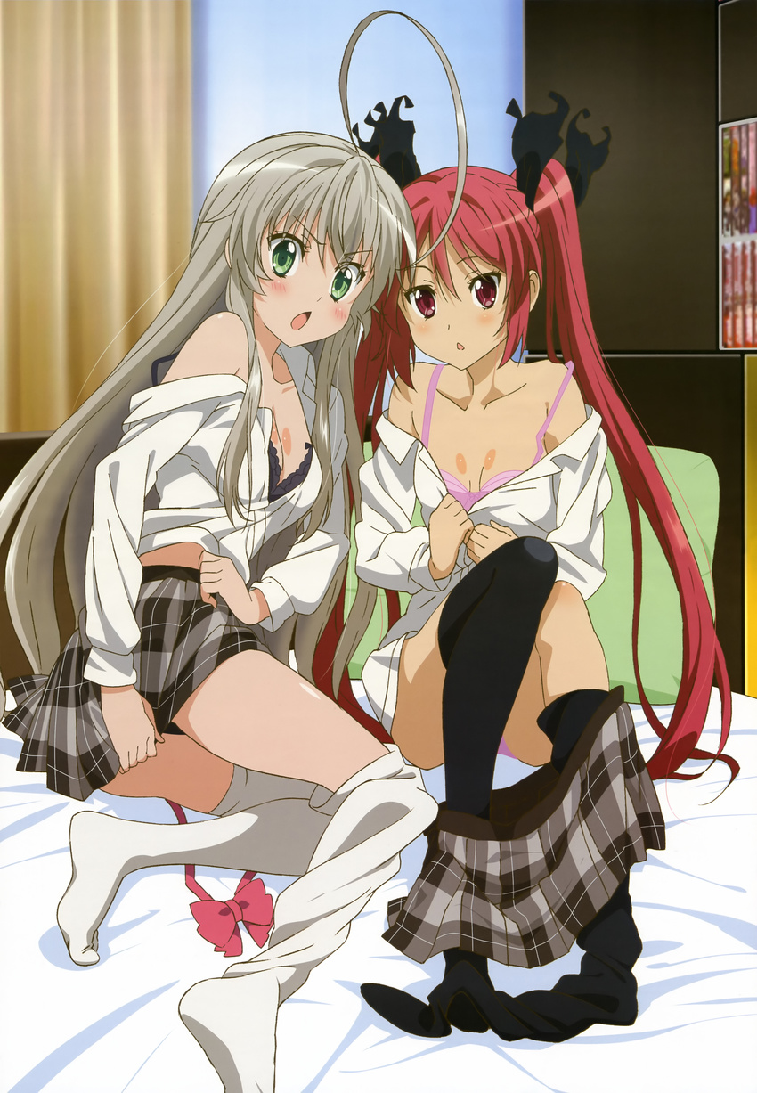 absurdres ahoge bra chestnut_mouth cthugha_(nyaruko-san) haiyore!_nyaruko-san highres multiple_girls nyantype nyarlathotep_(nyaruko-san) off_shoulder official_art ono_kazumi open_mouth plaid plaid_skirt scan school_uniform shirt_pull skirt skirt_pull thighhighs thighhighs_pull twintails underwear undressing