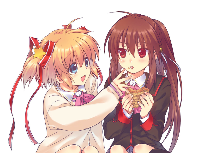 blonde_hair blue_eyes bow brown_hair food food_on_face hair_ribbon highres kamikita_komari little_busters! long_hair multiple_girls natsume_rin pink_bow ponytail red_eyes ribbon satomi_yoshitaka school_uniform short_hair waffle