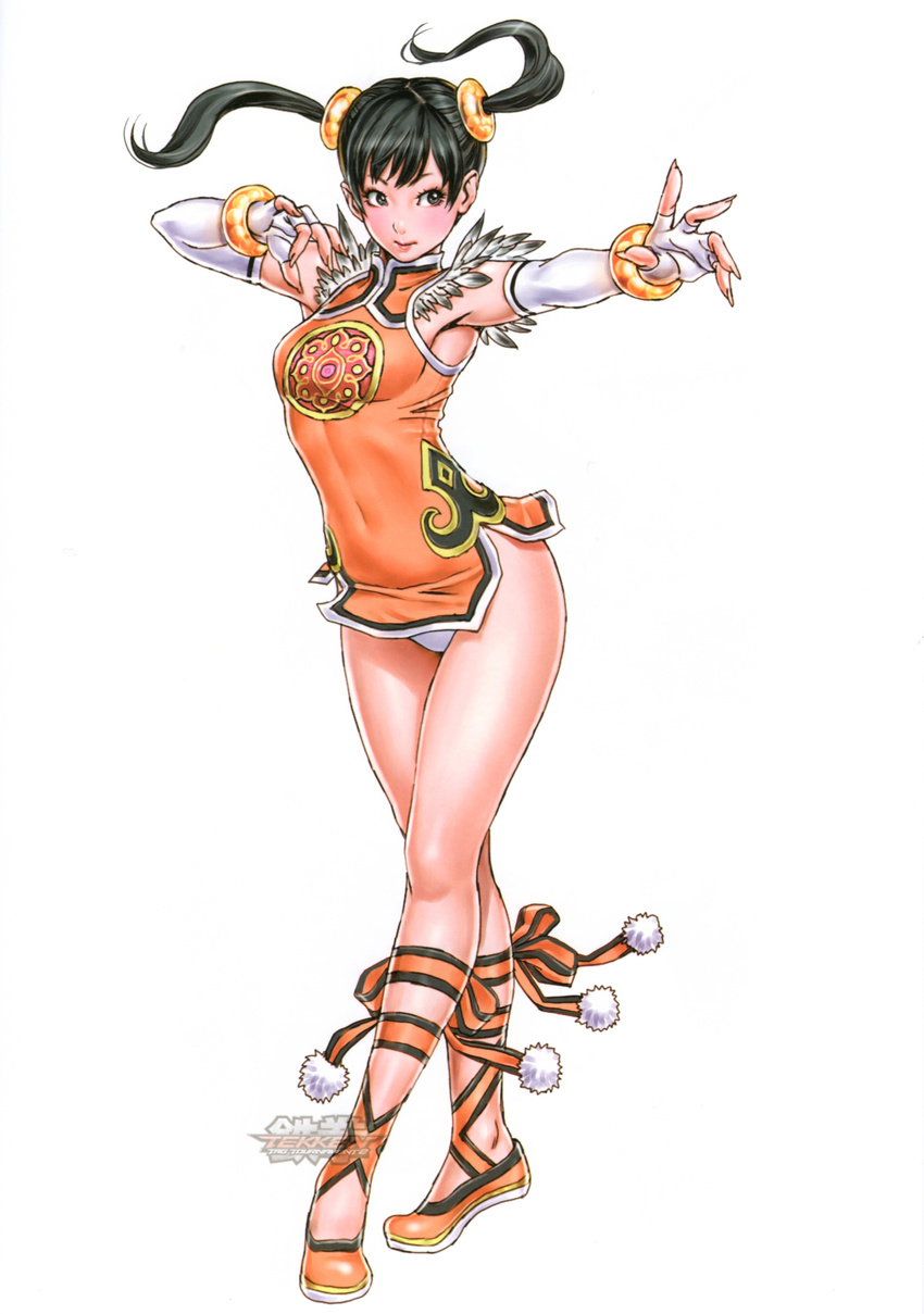 absurdres armpits bangle black_hair bracelet breasts china_dress chinese_clothes crossed_legs dress elbow_gloves fighting_stance fingerless_gloves full_body gloves highres jewelry ling_xiaoyu long_hair medium_breasts no_socks official_art orange_shirt panties pantyshot shirt solo standing tekken tekken_tag_tournament_2 twintails underwear watermark watson_cross white_panties yamashita_shun'ya