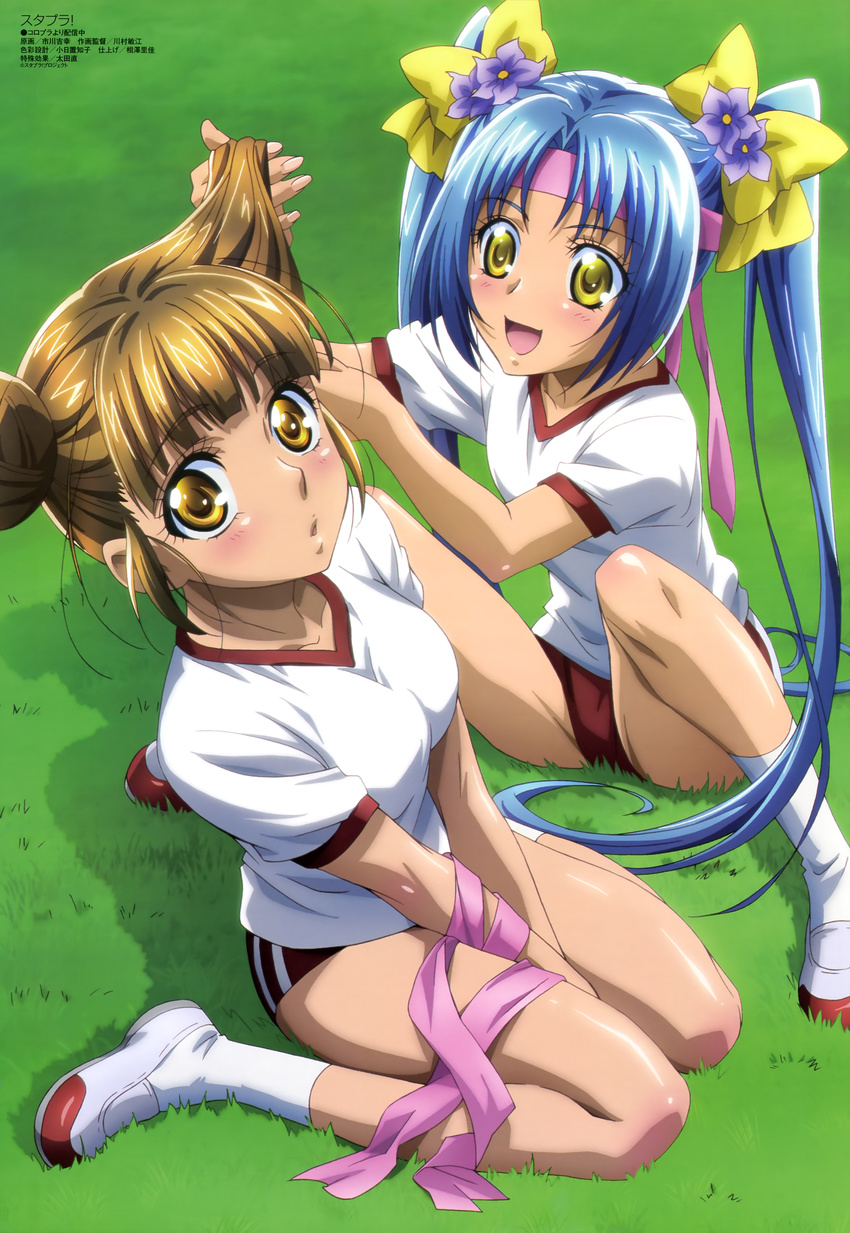 :d :o absurdres bangs between_legs between_thighs blue_hair blunt_bangs blush body_blush bow breasts brown_hair buruma double_vertical_stripe flower from_above grass gym_uniform hair_bow hair_bun hair_flower hair_half_undone hair_ornament hairdressing hand_between_legs haruno_tomoe headband highres ichikawa_yoshiyuki legs long_hair looking_at_viewer megami multiple_girls official_art on_ground open_mouth orange_eyes outdoors parted_bangs ribbon scan shadow shiny shiny_hair shirt shoes sidelocks sitting small_breasts smile socks spread_legs star_plus_one t-shirt twintails umikamome_kotone uwabaki v_arms very_long_hair wariza white_legwear wrist_ribbon yellow_eyes