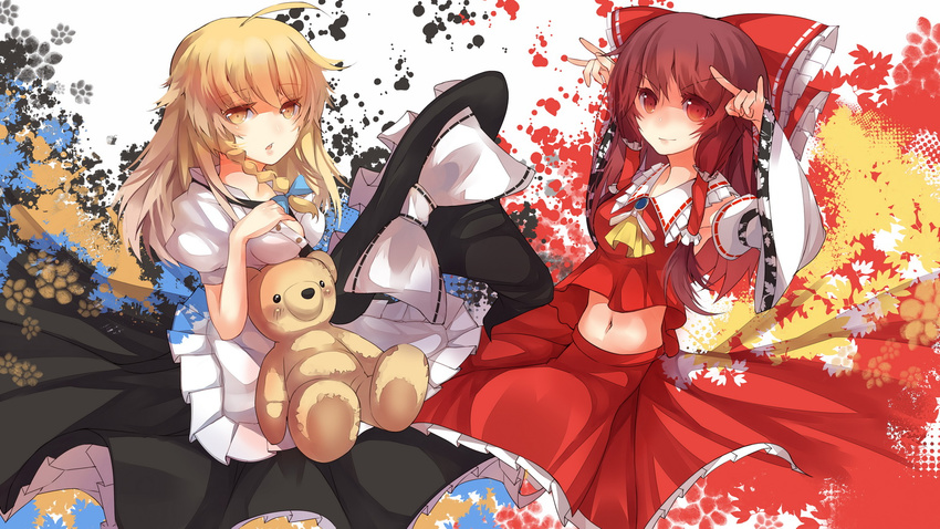 ascot blonde_hair bow braid brown_hair detached_sleeves hair_bow hakurei_reimu hat hat_removed headwear_removed kirisame_marisa midriff multiple_girls navel rain_lan red_eyes stuffed_animal stuffed_toy teddy_bear touhou witch_hat yellow_eyes