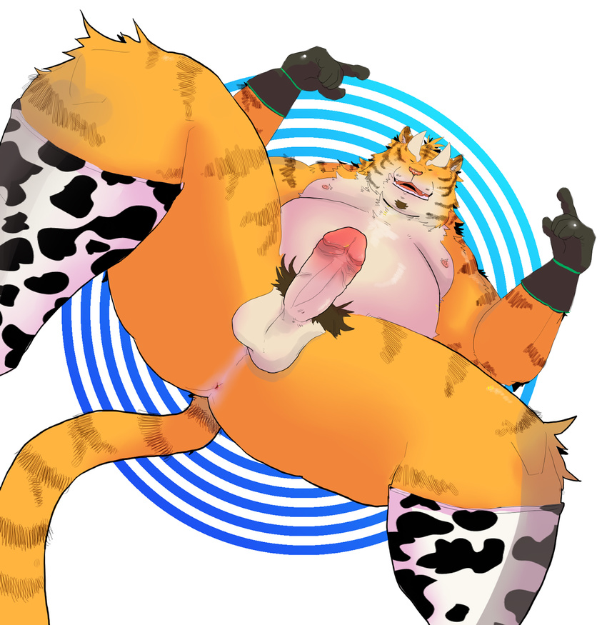 balls biceps big_muscles chubby circumcised erection eyes_closed feline fur gloves maguro male mammal muscles nipples nude open_mouth pecs penis plain_background presenting pubes solo spread_legs spreading tiger yellow_fur