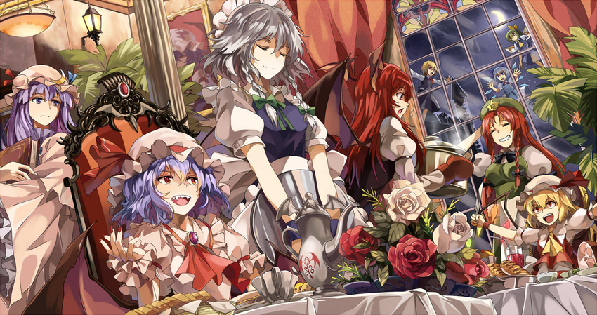 :d :o against_glass arm_garter ascot bat_wings beret blue_dress blue_hair book book_hug bow bowl braid bread breasts brooch chair cirno closed_eyes crescent crescent_moon cup curtains daiyousei demon_wings dinner dress dress_shirt drinking_straw dutch_angle emblem fairy_wings fangs fingernails flandre_scarlet flower flying_sweatdrops food glass green_hair grin hair_bow hair_ribbon hand_behind_head hat head_wings highres holding holding_book hong_meiling izayoi_sakuya jewelry knife koakuma lamp large_bow long_fingernails long_hair long_sleeves maid maid_headdress meat medium_breasts moon multiple_girls nail_polish neko_(yanshoujie) open_mouth outstretched_arms oven_mitts painting_(object) patchouli_knowledge peeking plant portrait_(object) pot potted_plant purple_dress purple_eyes purple_hair red_eyes red_flower red_hair red_rose remilia_scarlet ribbon rose rumia shirt short_hair side_braid side_ponytail sidelocks sideways_mouth sitting skirt skirt_set sky smile snow spread_arms stained_glass star_(sky) starry_sky table teacup teapot the_embodiment_of_scarlet_devil touhou tray tress_ribbon twin_braids v-shaped_eyebrows v_arms vest white_flower white_rose white_shirt window wings