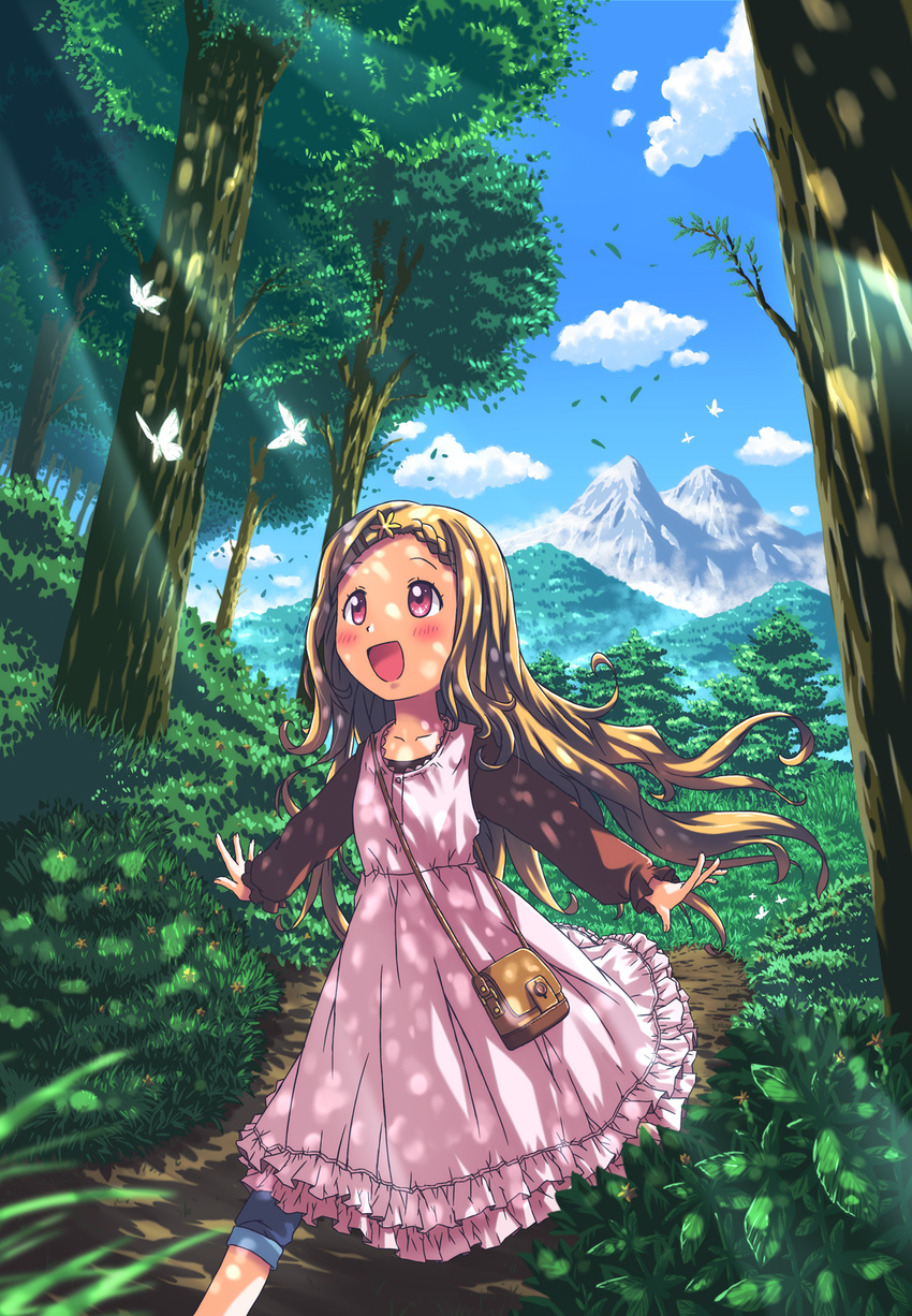 :d aki_(akisora_hiyori) aoba_kokona bag blush braid brown_hair bug butterfly cloud collarbone dappled_sunlight day dress flower hair_flower hair_ornament hairclip highres insect long_hair long_sleeves mori_girl mountain nature open_mouth outdoors outstretched_arms red_eyes satchel smile solo sunlight tree yama_no_susume