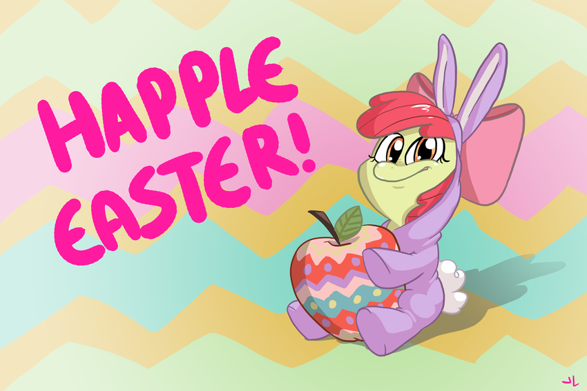 amber_eyes apple apple_bloom_(mlp) bow bunny_costume cub docwario easter english_text equine female feral friendship_is_magic fruit hair holidays horse looking_at_viewer mammal my_little_pony pony red_hair sitting solo text young