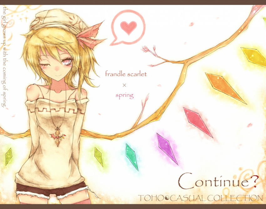 alternate_costume alternate_headwear arms_behind_back bare_shoulders blonde_hair blush character_name english flandre_scarlet hat hat_ribbon heart jewelry kyuumoto_kuku letterboxed necklace one_eye_closed pendant red_eyes ribbon short_hair shorts side_ponytail smile solo spoken_heart thighhighs touhou wings