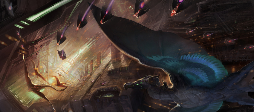 city dragon fantasy highres horns laser pixiv_fantasia pixiv_fantasia_new_world realistic science_fiction space_craft starfighter yuuki_youichi