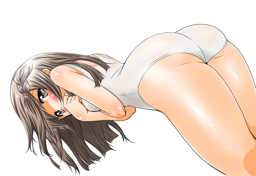 ass bent_over blush brown_hair long_hair looking_at_viewer mado_no_mukougawa one-piece_swimsuit school_swimsuit simple_background solo sonofuji_kei swimsuit white_background white_school_swimsuit white_swimsuit yoshitani_motoka
