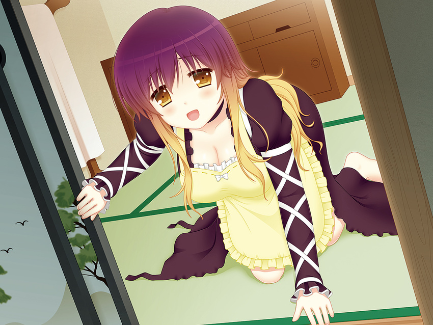 :d all_fours apron bad_id bad_pixiv_id bangs barefoot black_dress blonde_hair blush bow breasts chest_of_drawers choker cleavage cpu_(hexivision) cross-laced_clothes dress dutch_angle frilled_apron frills fusuma gradient_hair hijiri_byakuren indoors juliet_sleeves large_breasts long_hair long_sleeves looking_at_viewer multicolored_hair on_floor open_door open_mouth puffy_sleeves purple_hair sidelocks sliding_doors smile solo tatami taut_clothes touhou towel very_long_hair yellow_eyes