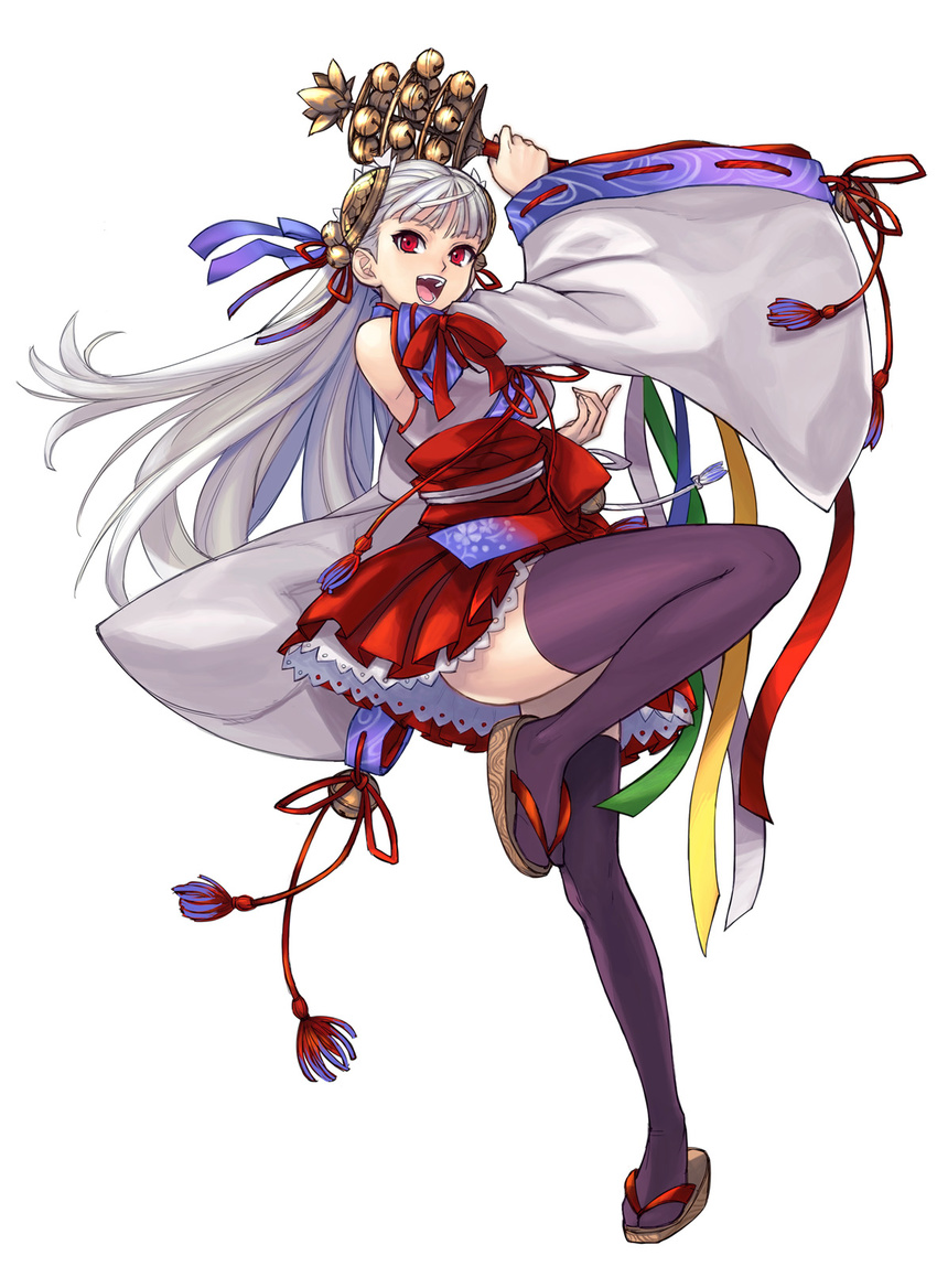 :d bell capcom_fighting_jam hair_bell hair_ornament hair_ribbon hairpods happy highres ingrid japanese_clothes jingle_bell kagura_suzu long_hair miniskirt nontraditional_miko onimusha_soul open_mouth purple_legwear red_eyes ribbon sandals skirt smile solo staff standing standing_on_one_leg tetsu_(kimuchi) thighhighs white_hair wide_sleeves