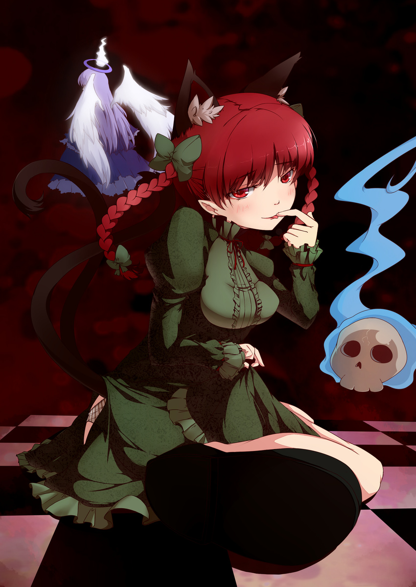 absurdres animal_ears bow braid breasts cat_ears cat_tail checkered checkered_floor dress floating_skull ghost green_dress hair_bow highres kaenbyou_rin long_hair medium_breasts multiple_tails panties pantyshot pantyshot_(sitting) red_eyes red_hair ribbon seductive_smile shoes sitting skull slit_pupils smile solo tail touhou twin_braids underbust underwear wings winu_(hertrion) zombie_fairy