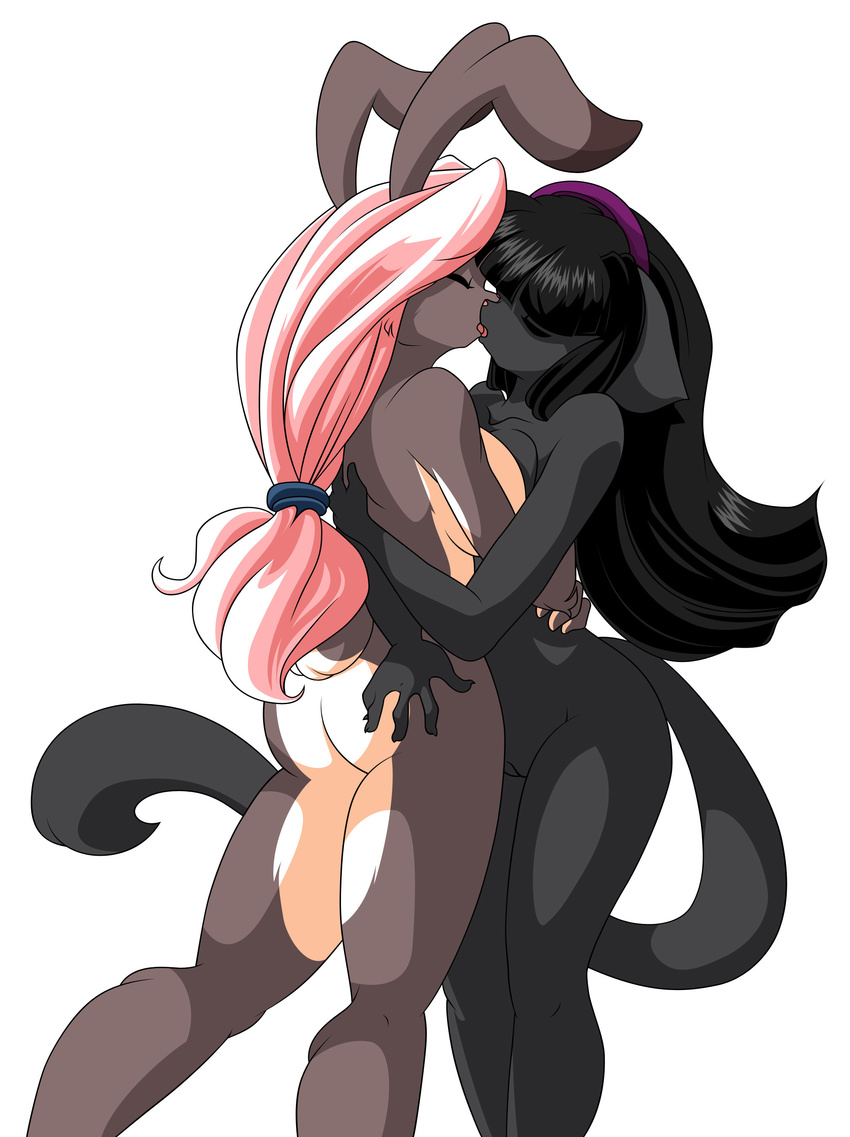 black_fur black_hair breast_squish breasts butt butt_grab cat cat_ears cat_tail chalo claws edit feline female floppy_ears fur grey_fur hair kissing lagomorph las_lindas lesbian long_hair mammal nude pink_hair plain_background pose pussy rachael_saleigh red_shopped shopped standing taffy white_fur