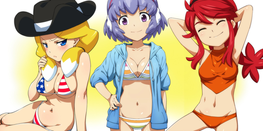 :t american_flag_bikini arms_behind_head bikini blonde_hair blue_eyes blush breasts cleavage closed_eyes danball_senki earmuffs flag_print groin hairu hanasaki_ran hand_on_hip hat hood hoodie jessica_kaios kawamura_ami looking_at_viewer medium_breasts midriff multiple_girls navel ponytail purple_eyes purple_hair red_hair smile striped striped_swimsuit swimsuit twintails underboob