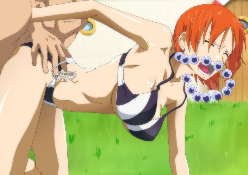 1girl ass ass_grab bare_shoulders bent_over bikini bouncing_breasts breasts cleavage doggystyle eyes_closed grass hanging_breasts highres jewelry kyabakurabakufu large_breasts legs nami nami_(one_piece) navel necklace one_piece open_mouth orange_hair pirate sex short_hair side-tie_bikini swimsuit thighs vaginal